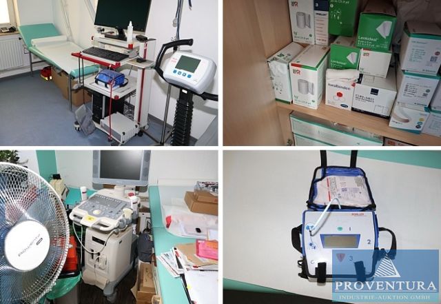 Insolvenzversteigerung Hausarztpraxis 45 Pos. u.a. EKG-Gerät SCHILLER AT-104PC, Bauch-Ultraschall MINDRAY DP-7, Defibrillator SCHILLER Medical Fred Easy, Büro, EDV