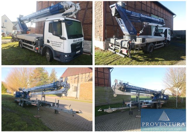 Fahrzeugauktion: Pkw-Anhängerkran - Dachdecker Schrägaufzug BÖCKER AHK 30-1500, Bj. 2020, Kran-Lkw MAN TGL 8.190 BÖCKER AK37-4000 L2, Bj. 2023