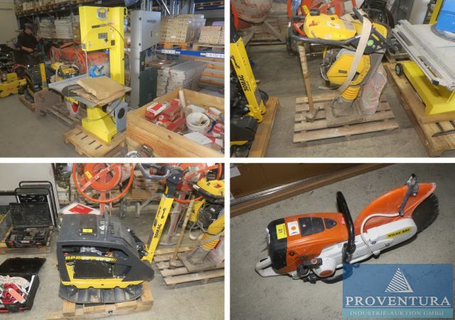 Insolvenzauktion 40 Pos. Inventar Bauunternehmen: Bandsäge METABO BAS 505, Mauerbandsäge LISSMAC MBS 510, Stampfer BOMAG BT 60, Rüttelplatte BOMAG BPR 3560 D, Kleinwerkzeuge, Schuttrutsche, etc.