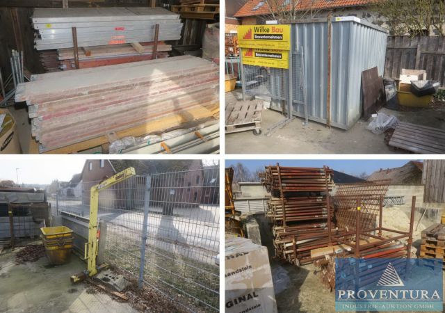 Insolvenzauktion 50 Pos. Inventar Bauunternehmen: Gerüstteile, Materialcontainer, Krangreifer STEINWEG, Nass-Scheidetische CEDIMA, div. Baustahl, Schlalungsmaterial, Minikran BÖCKER MK 4005, Minikran-STEIN-REX, Bauzaunflelder, Bauwagen WEISIG, etc.