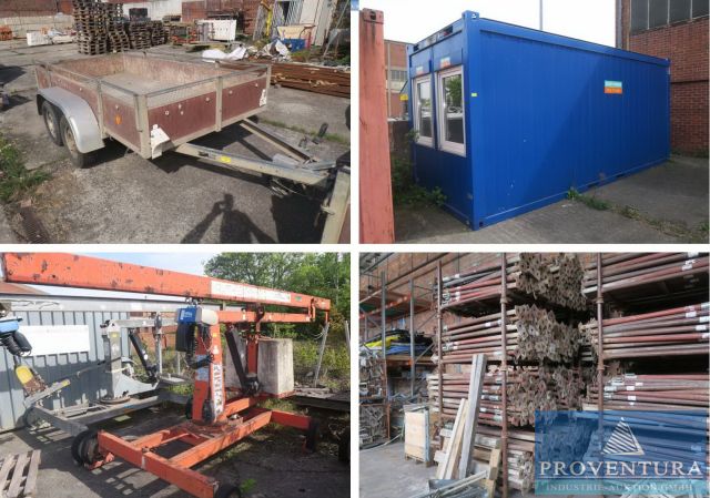 Insolvenzauktion 60 Pos. Inventar Bauunternehmen: Bürocontainer CONTAINEX BM 20, Baugerüstteile, Nass-Schneidetische, Minikran STEINWEG MK 400, div. Kleinwerkzeuge, Büromöbel, etc.