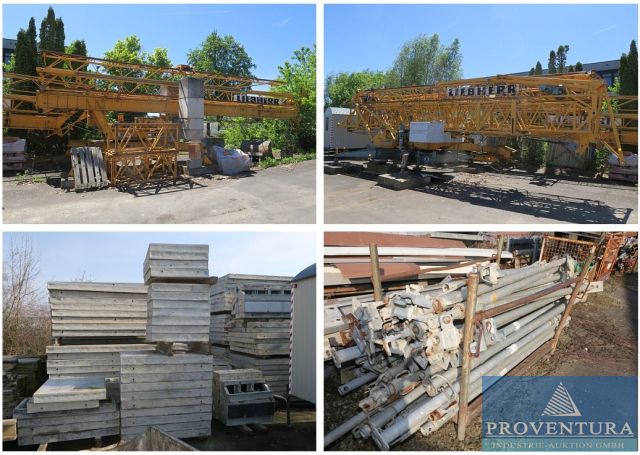 Insolvenzversteigerung Turmdrehkräne und Schalungssystem: 3 Turmdrehkräne Liebherr 20 K, 32 K, 42 K, Fahrgestell, großer Posten DOKA-Schalung mit viel Zubehör