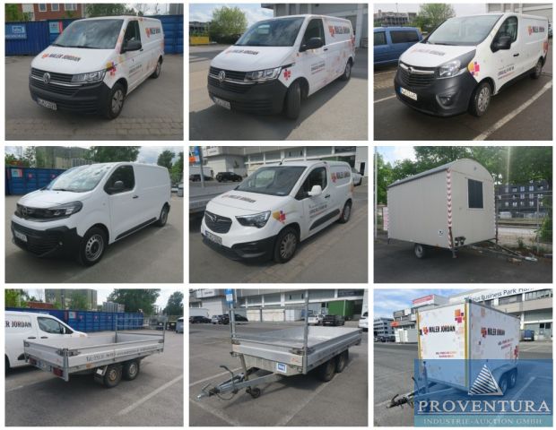 Insolvenz-Fahrzeugauktion: 3x VW T6 Transporter, 2x Opel Vivaro, Opel Combo, 2 Kofferanhänger, Einbauregale, Bauwagen, etc.