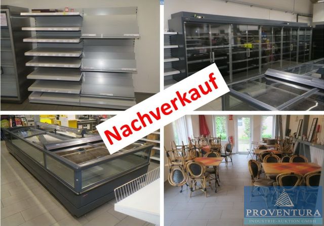 Nachverkauf zu Insolvenzversteigerung 100 Pos. Inventar aus Dorfladen: div. Verkaufsregale TEGO, Kühlgeräte VIESSMANN, Getränkekühlschränke, div. Sitzmöbel, Gastrosonnenschirme, etc.