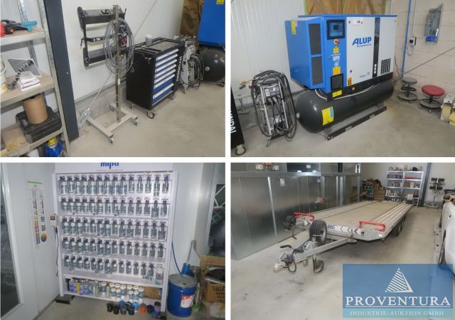 Insolvenzversteigerung 32 Pos. Inventar Autolackiererei: Infrarotstrahler B-TEC IR-X2, Schraubenkompressor ALUP Allegro 11 500 P AD, Farbmischanlage MIPA, Farbmischanlage STANDOX, Pkw-Trailer LORRIES 3000RT, Werkstattausrüstung, etc.