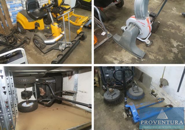 Insolvenzversteigerung 10 Pos. aus Hausmeisterservice, Frontmäher STIGA Park 320 G, Gabelhubwagen GÜDE, Sauggebläse CRAMER LS 5000, etc.