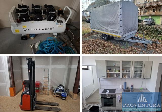 Insolvenzversteigerung 41 Pos. Gravur + Lagertechnik Gabelstapler STILL 1 to, Hochhubwagen LINDE L12, Anhänger EDUARDS 1.5 to, Kompressor, Büro Etc.