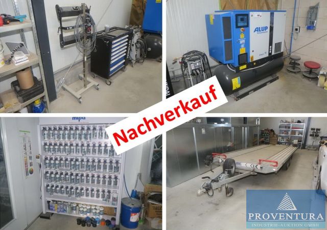 Nachverkauf zu Insolvenzversteigerung 32 Pos. Inventar Autolackiererei: Infrarotstrahler B-TEC IR-X2, Schraubenkompressor ALUP Allegro 11 500 P AD, Farbmischanlage MIPA, Farbmischanlage STANDOX, Pkw-Trailer LORRIES 3000RT, Werkstattausrüstung, etc.