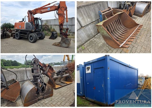 Liquidationsversteigerung: Mobilbagger HITACHI ZAXIS 170, Bj. 2009, 8.200 Std., Baggerlöffel, Langgutanhänger zul. GG 3.500 kg, div. Lager- und Sanitärcontainer