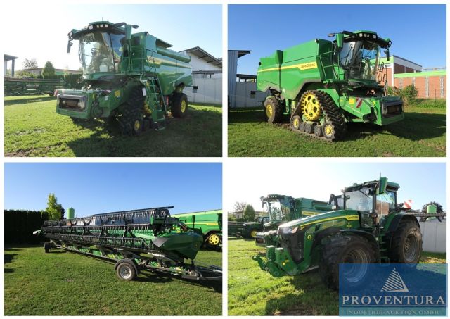 Insolvenzversteigerung JOHN DEERE Landmaschinen aus Lohnunternehmen: Raupen-Mähdrescher S7 850 Bj. 2025, Schneidwerk XA35 Bj. 2025, Ackerschlepper 8R 370 Bj. 2023