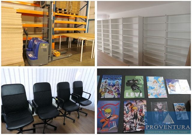 Insolvenzversteigerung: 47 Pos. Lagertechnik, Schwerlastregale, Elektro-Hochhubwagen PALLIT CDDR 15 III Bj. 2023, größere Menge IKEA-Büromöbel, Sonderposten 2.150 DVDs Manga-Style