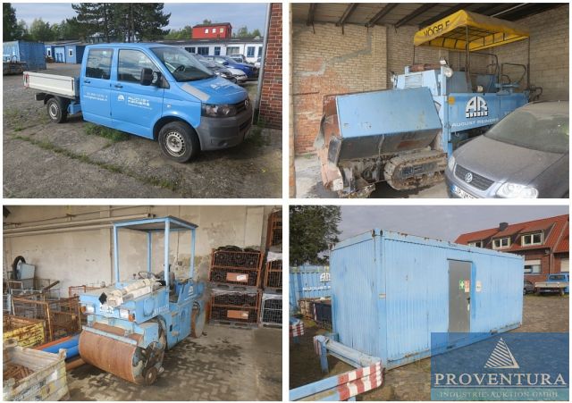 Baumaschinen-Versteigerung: Ketten-Asphaltfertiger VÖGELE 6-68 Bj. 1994, Tandem-Vibrationswalze HAMM DV 322 Bj. 1994Tandem-Vibrationswalze BOMAG BW 141 AD-2 Bj. 1997, VW T5 2.0 TDI DoKa Pritsche, EZ 2011, etc.
