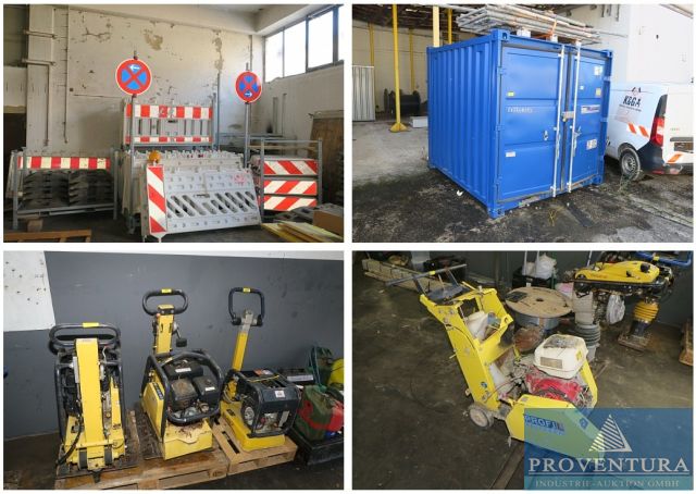 Insolvenzversteigerung Tiefbau: Großer Posten Schrankenzäune mit Transportgestell, Materialcontainer, Rüttelplatten, Fugenschneider, Warenbestand Glasfaserzubehör, etc.