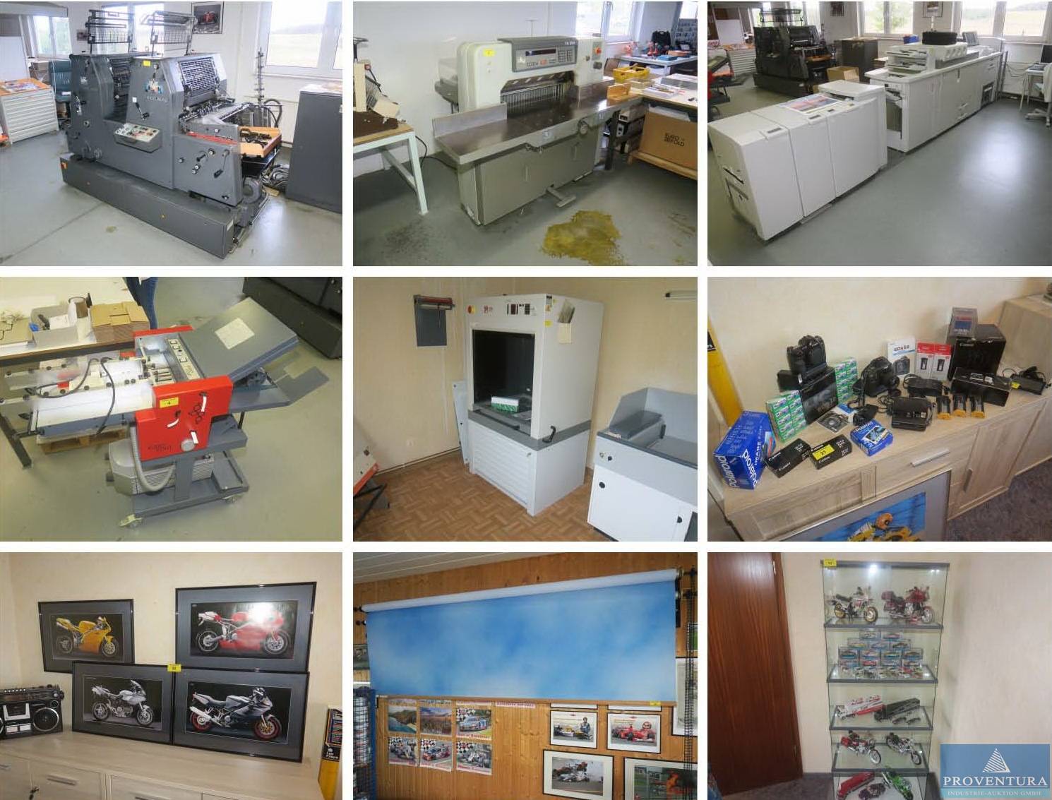 Nachverkauf zu 45 Pos. einer Druckerei: Zweifarben-Offsetmaschine HEIDELBERG GTOZ-52, 4-Farb-Digitaldruckmaschine RICOH Pro C901, Schneidemaschine POLAR 76 EM, div. Druckereiausstattung, Fotografiezubehör, div. Druckpapierbogen, u. v. m.