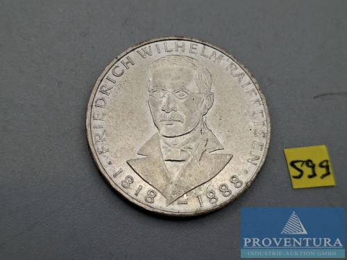 Silbermünze Bundesrepublik Deutschland 5 DM Friedrich Wilhelm Raiffeisen 1968 vz Silber .625 11.2 gr Rauhgewicht