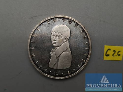 Silbermünze Bundesrepublik Deutschland 5 DM Heinrich von Kleist 1977 vz aus pp Silber .625 11.2 gr Rauhgewicht
