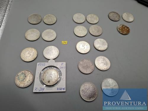 Silbermünzen Bundesrepublik Deutschland 21x 5 DM Silberadler 1970-1974 Silber .625 11.2 gr Rauhgewicht