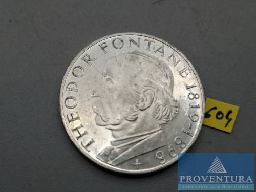 Pièce en argent République fédérale d'Allemagne 5 DM Theodor Fontane 1969 vz argent .625 11,2 gr poids brut